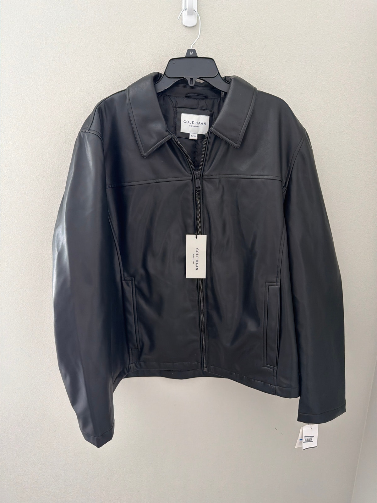 Nwt Cole Haan Black Faux Leather Jacket Zip Front Mens Xl
